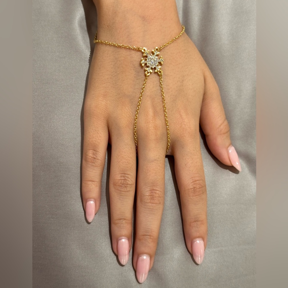 925 Gold F Floral Hand Chain Bracelet with Crystal Accents